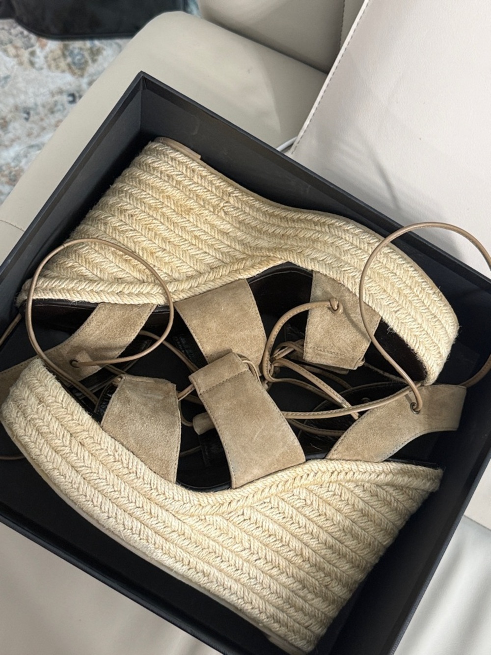 Yves Saint Laurent Taupe Suede Espadrille Wedge Sandals